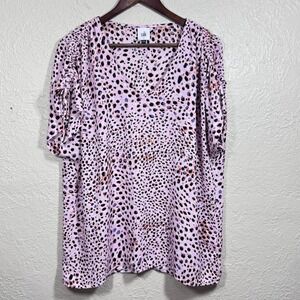 Cabi‎ 5980 Blouse Top Small Pink Leopard Animal Print Ruched Tie Chiffon Career